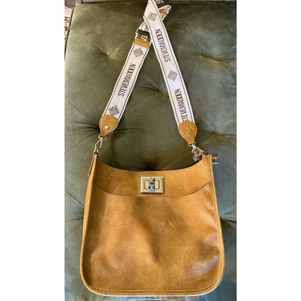 Steve Madden Bingrid Vegan Crossbody Saddle Bag in Tan -Embroidered Guitar Strap